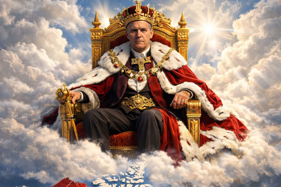 A person dressed as a king sits on a throne surrounded by clouds, with a colorful map of Canada below.