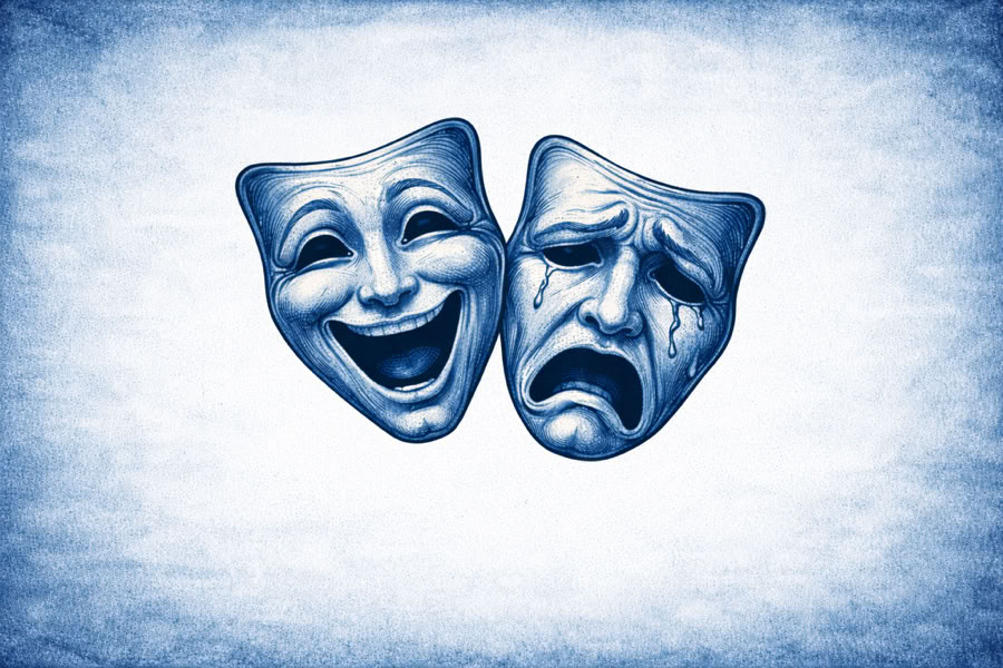 Two theatrical masks, one smiling and one frowning, on a textured blue background.