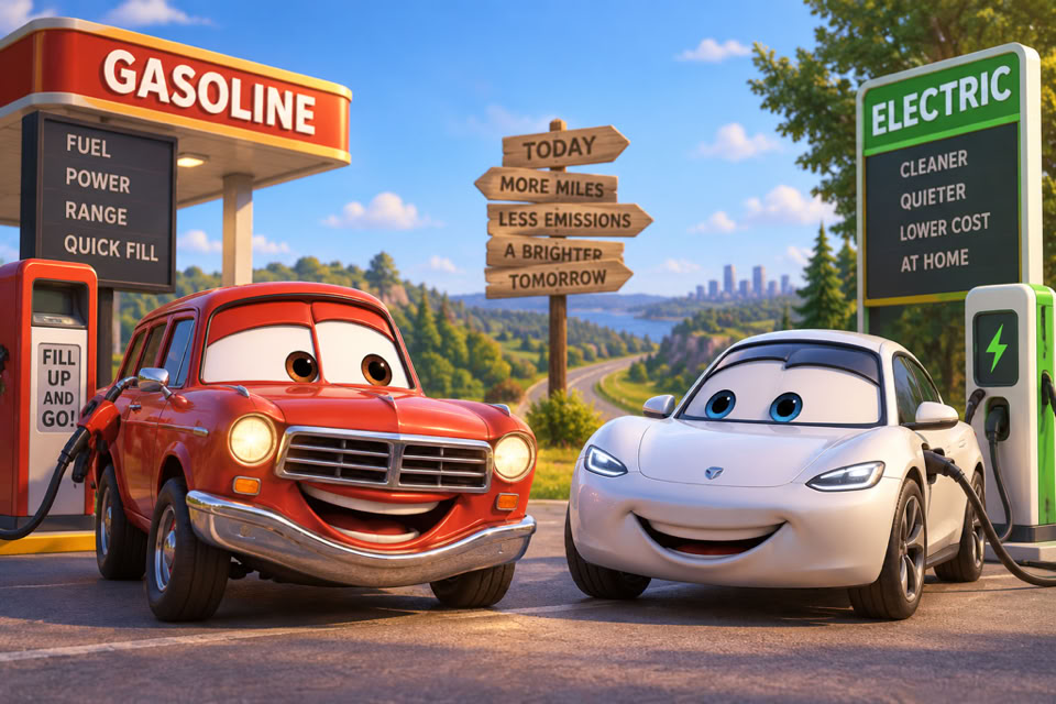 Two animated cars, one red and one white, are at a gas station. The red car is at a gasoline pump, and the white car is at an electric charging station. A wooden signpost with multiple direction signs is in the background, along with trees and a distant cityscape.