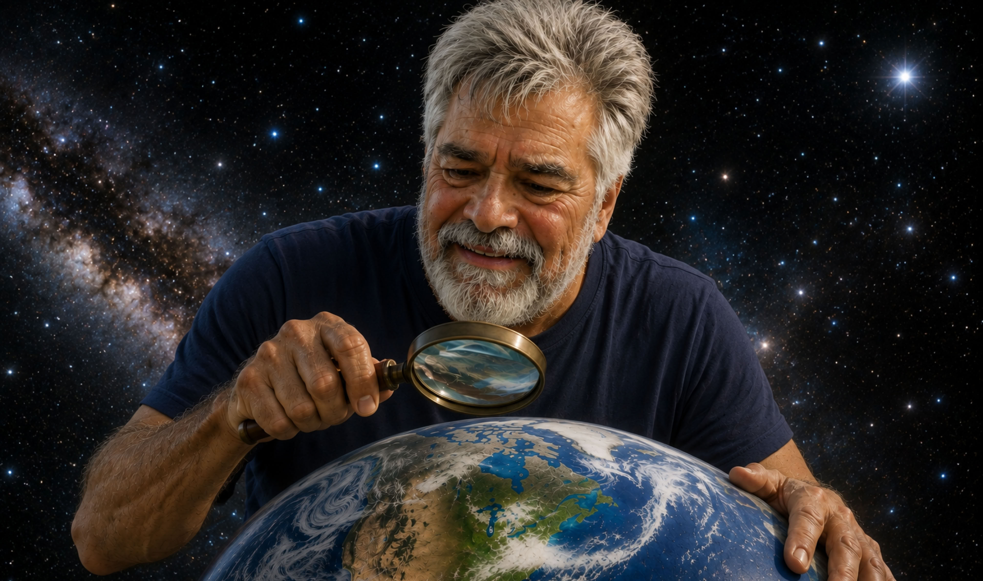 Man with gray hair and beard holding a magnifying glass over a globe, with a starry space background.