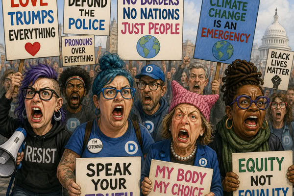 A group of people holding protest signs with messages such as "Love Trumps Everything," "Defund the Police," "No Borders No Nations Just People," "Climate Change is an Emergency," "Speak Your Truth," "My Body My Choice," and "Equity Not Equality."