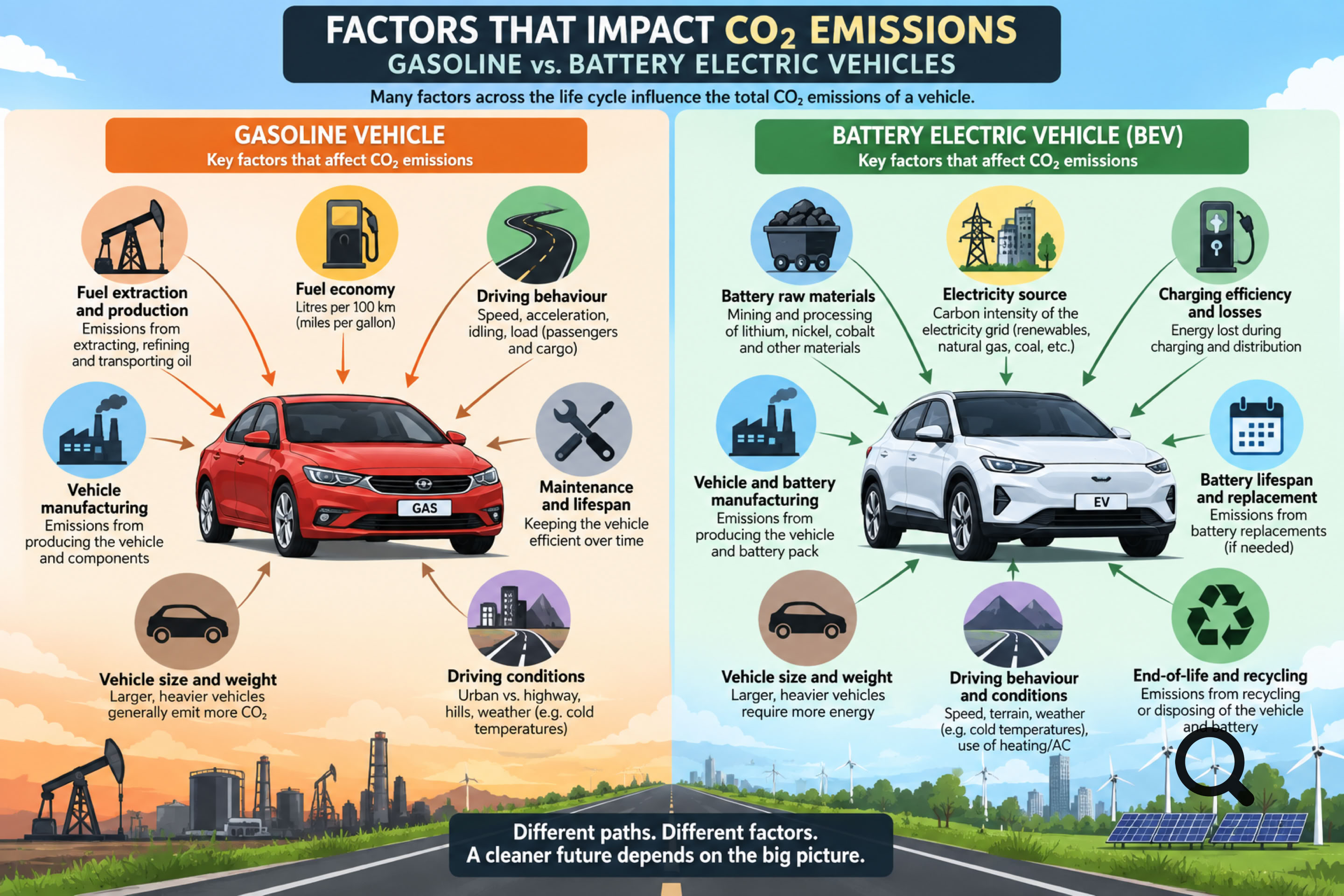 Infographic comparing gasoline and battery electric vehicles, showing factors impacting CO2 emissions. The left side features a red gasoline vehicle with related icons, and the right side features a white electric vehicle with related icons. The background includes an industrial landscape on the left and a green landscape on the right.