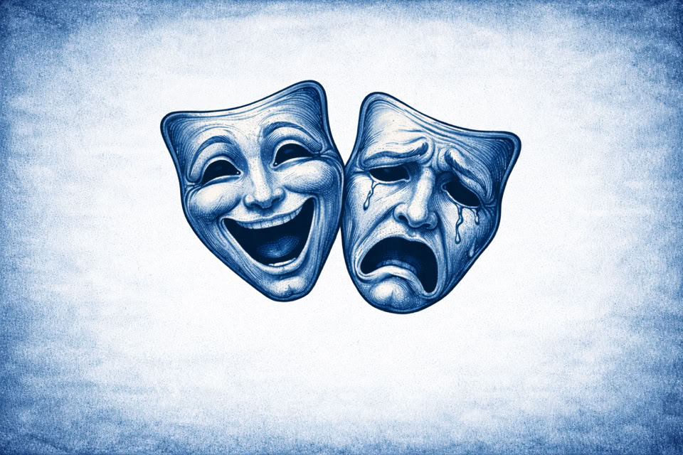 Two theatrical masks, one smiling and one frowning, on a textured blue background.